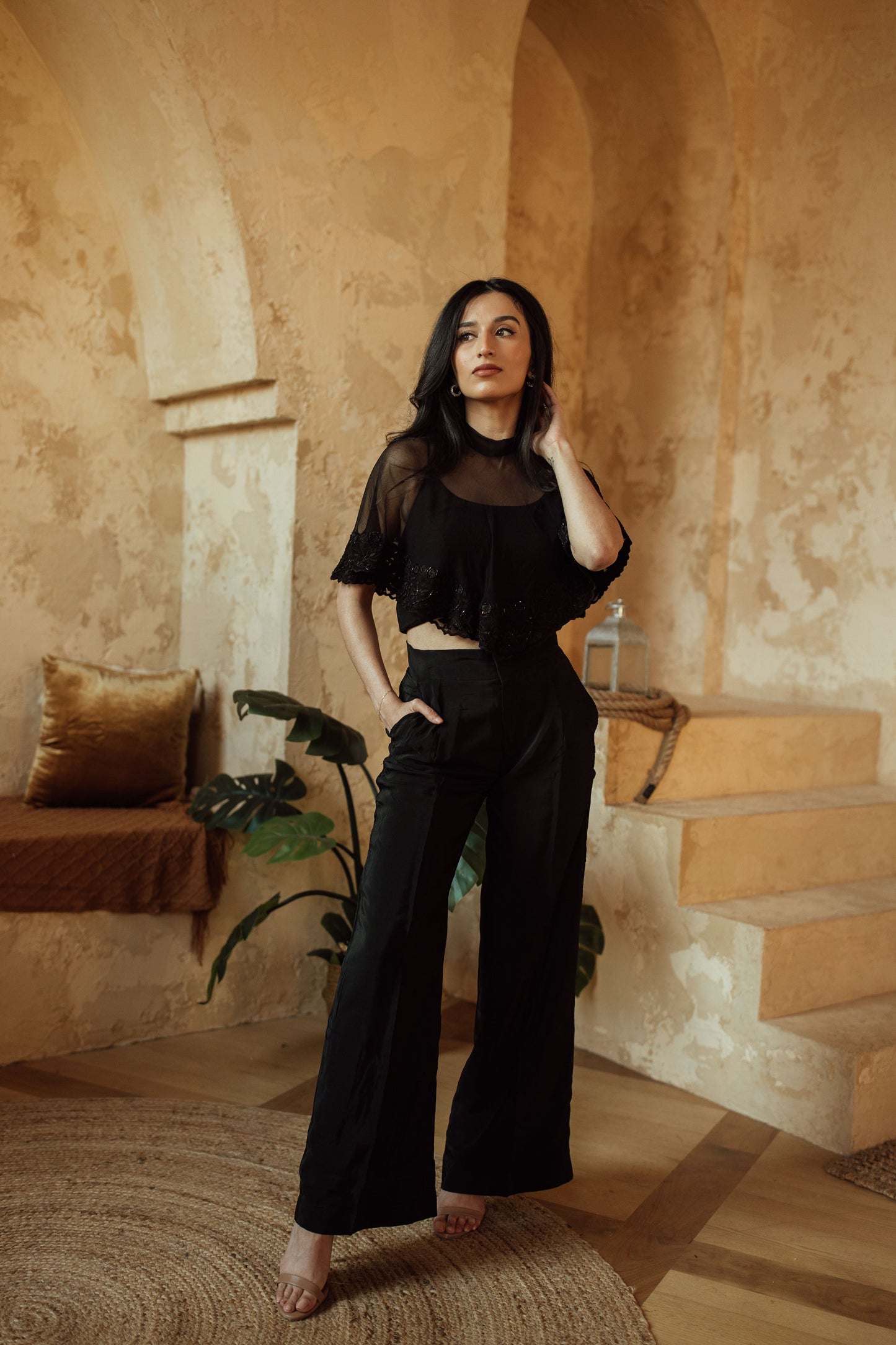 Kai Black Pant Set with Cape Dupatta