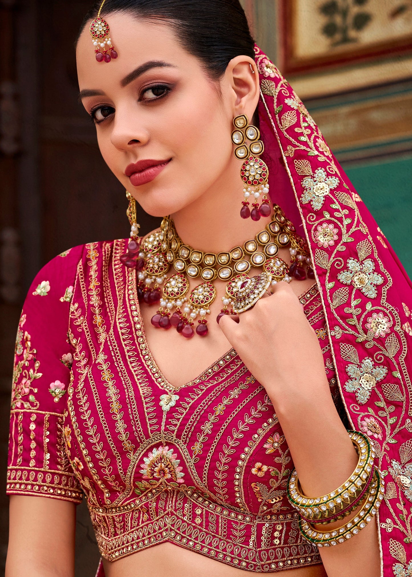 Pink & Chartreuse Green Banarasi Silk Lehenga Choli with Zarkan, Sequence and Thread Work