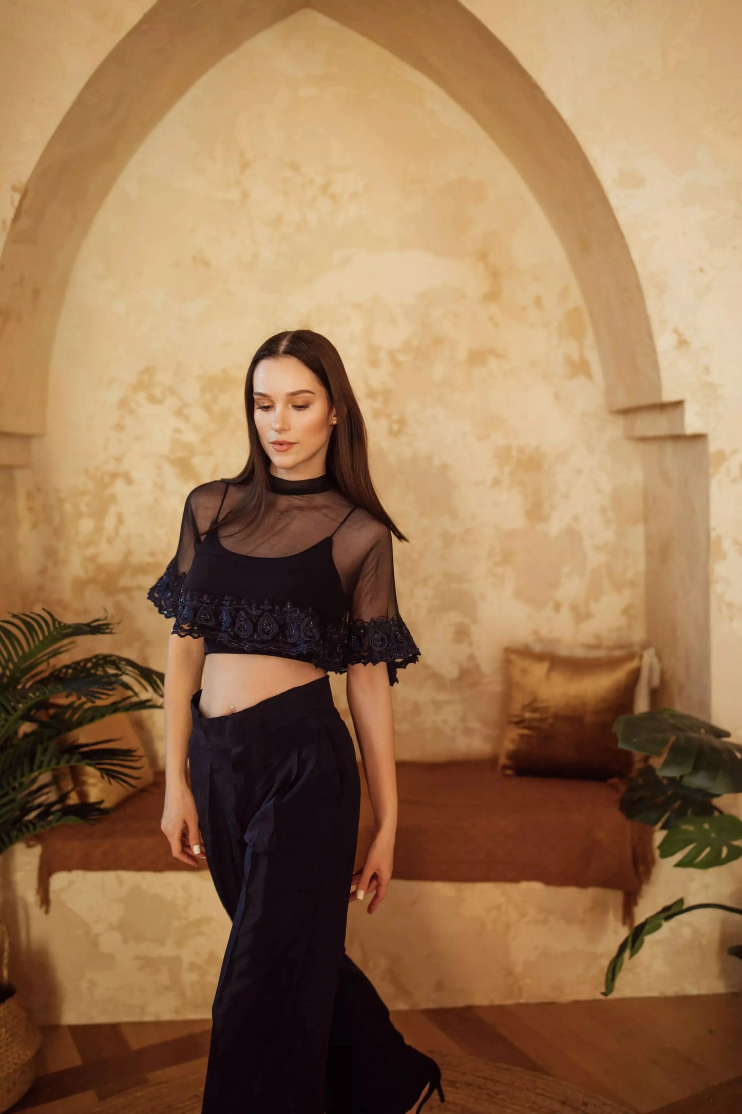Camilla Navy Pant Set with Cape Dupatta