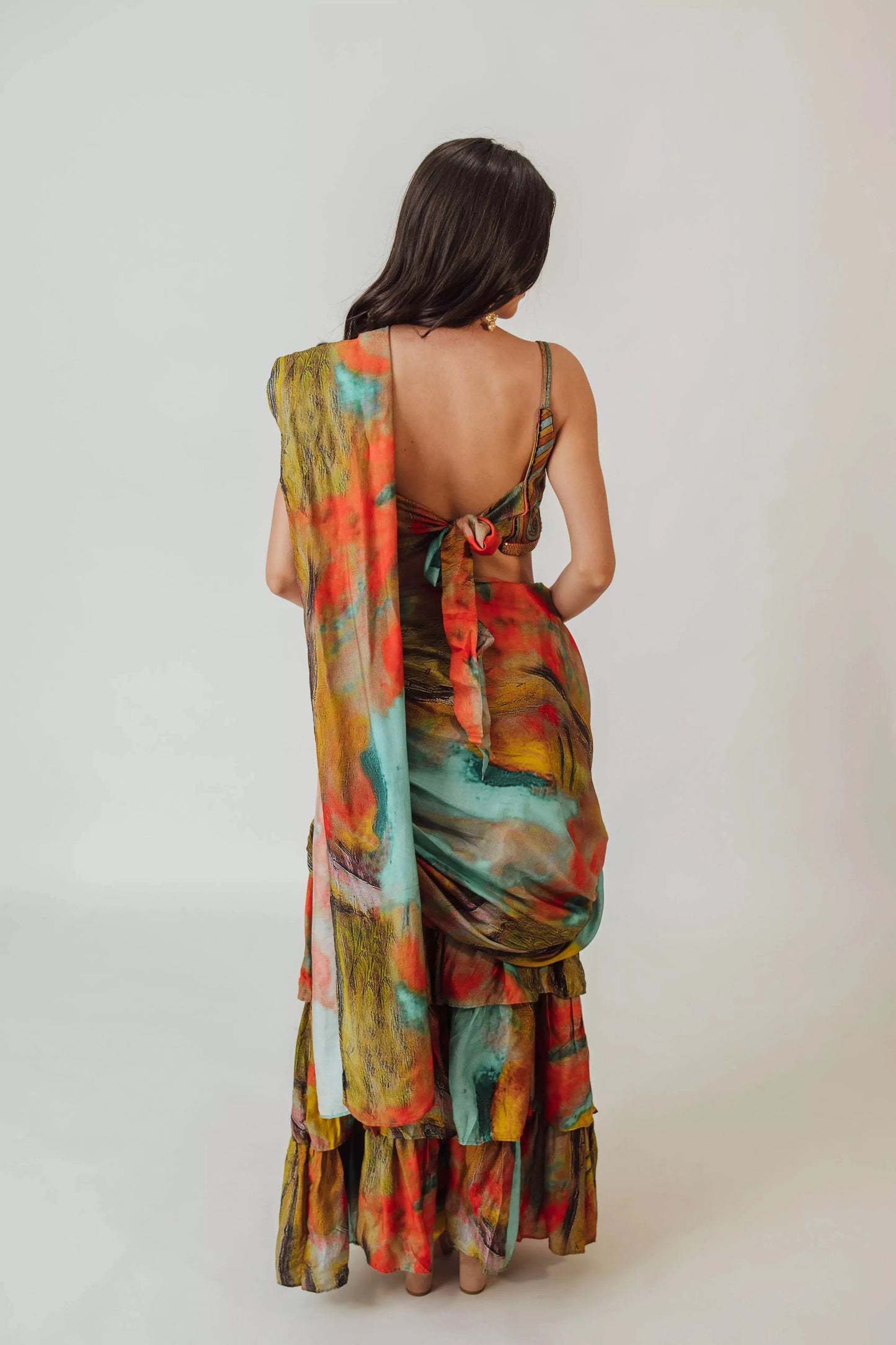 Kahlo Multicolor Swirl Top with Ruffle Tiered saree dress