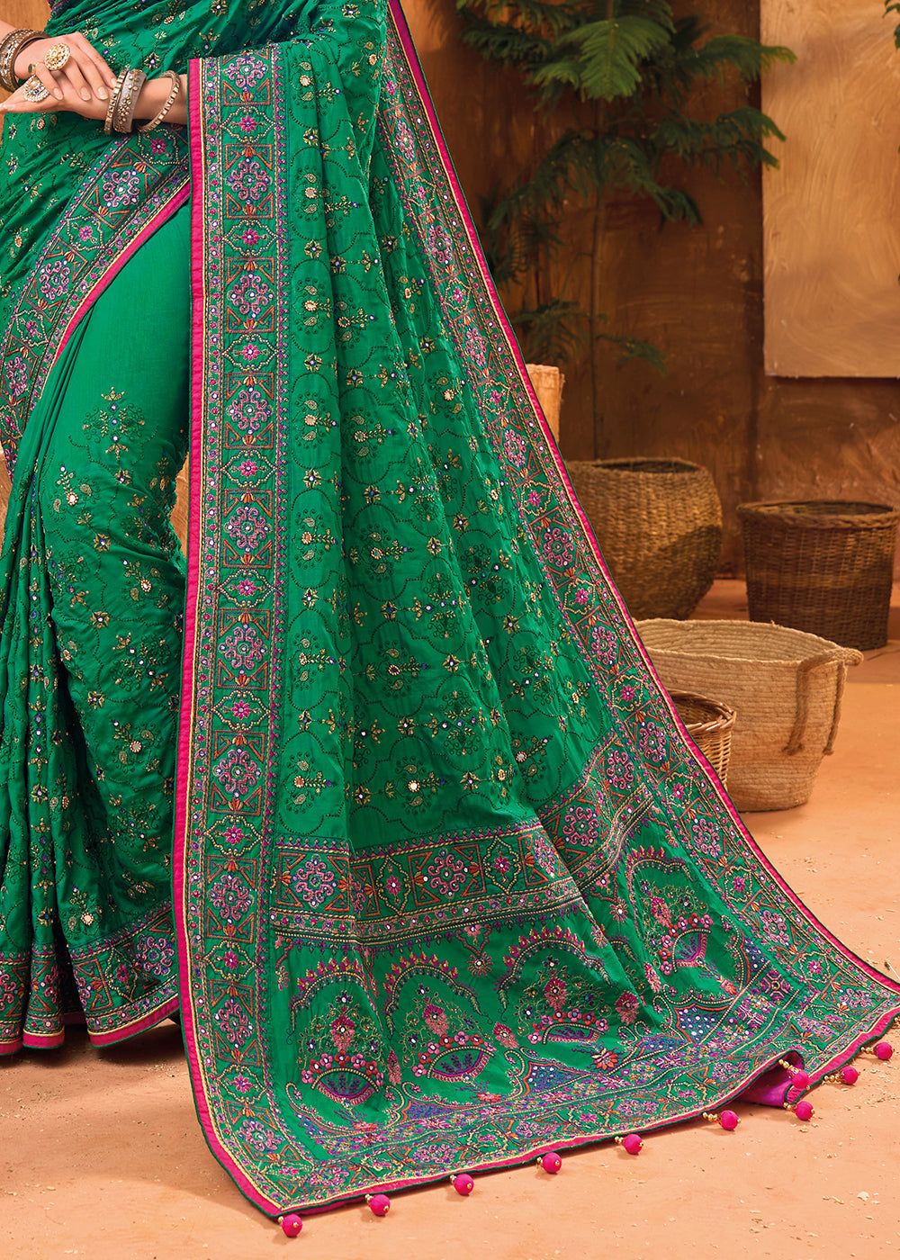 Castleton Green Banarasi Silk Saree with Diamond,Mirror & Kachhi work