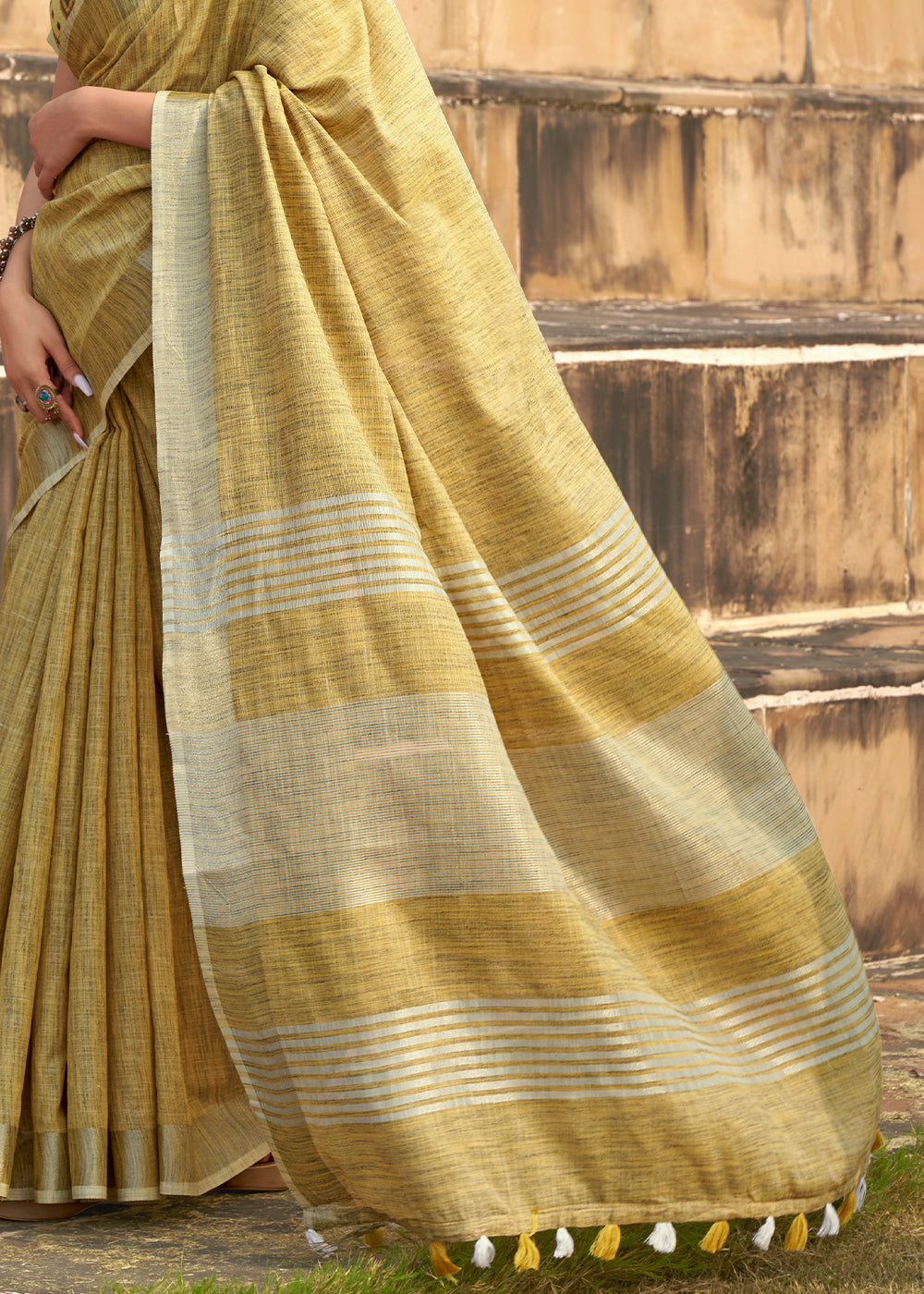 Royal Yellow Soft Linen Silk Saree with Khadi Print and Tassels on Pallu