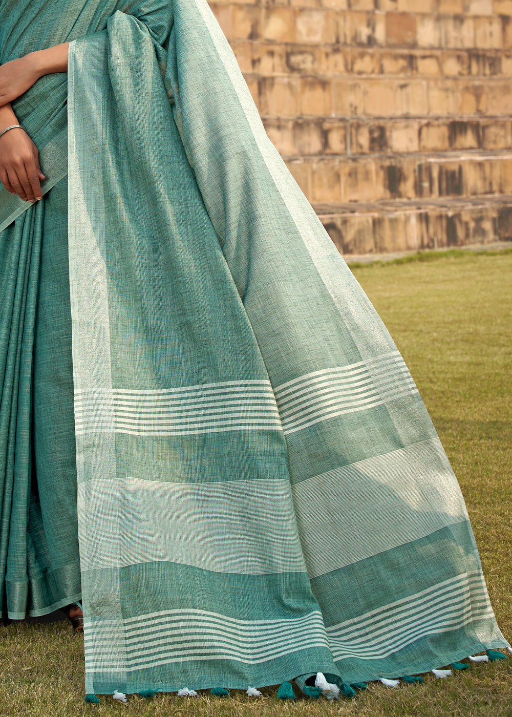 Teal Blue Soft Linen Silk Saree with Khadi Print and Tassels on Pallu