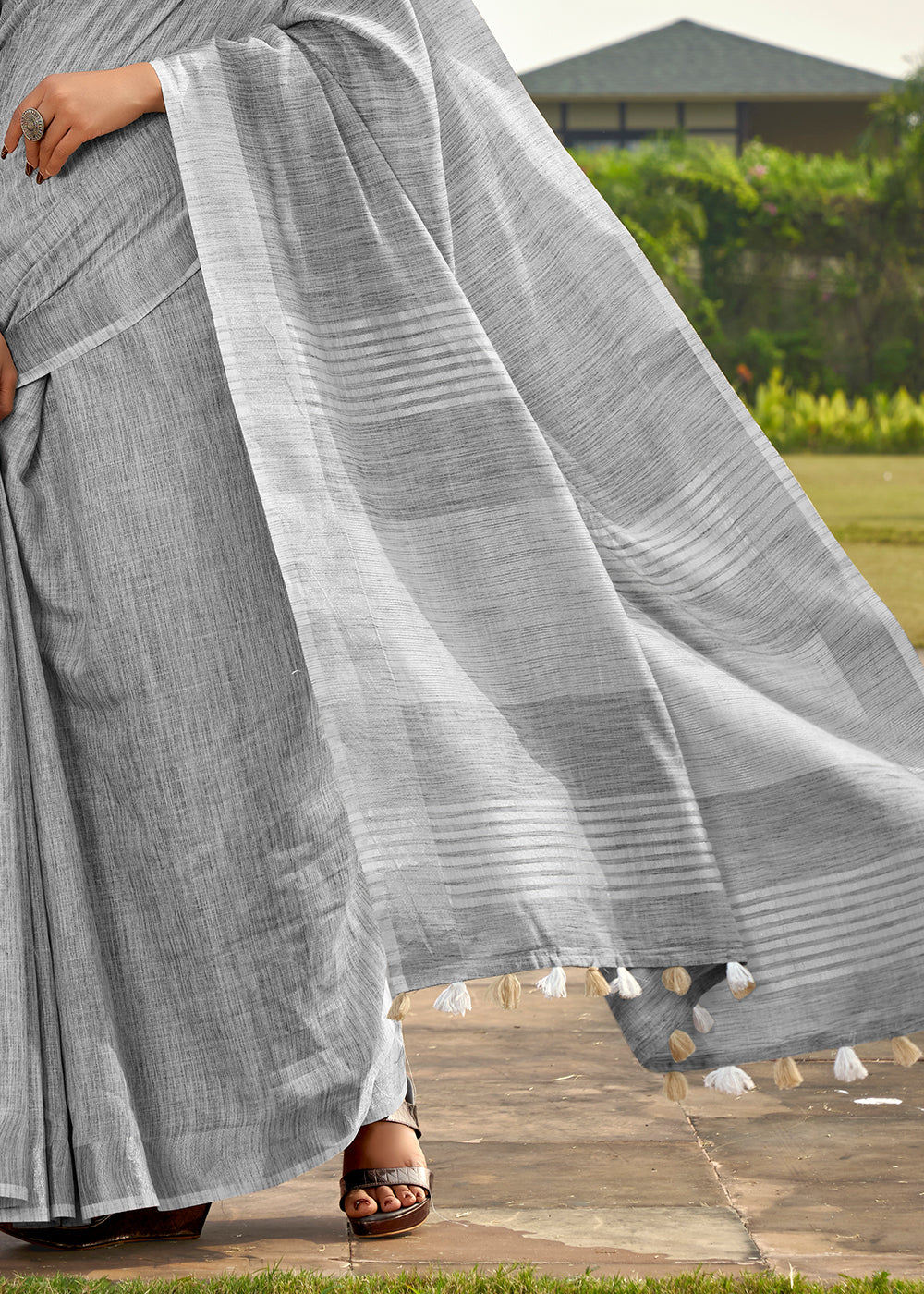Smoke Grey Soft Linen Silk Saree with Khadi Print and Tassels on Pallu