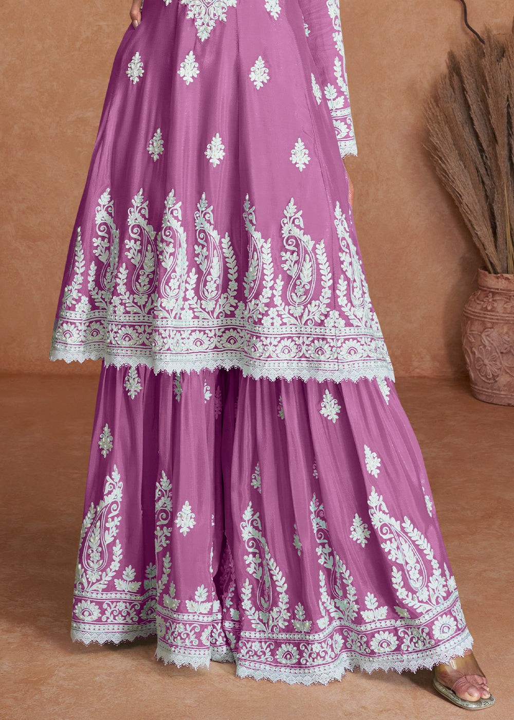 Twitch Purple Silk Plazzo Suit with Embroidery work