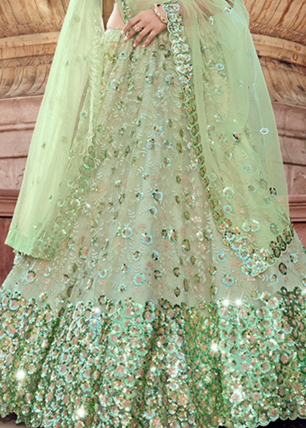 Mint Green Designer Soft Net Lehenga Choli with Sequins & Thread work