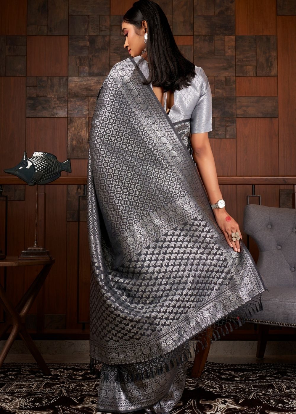 Anchor Grey Silver Zari work Kanjivaram Silk Saree