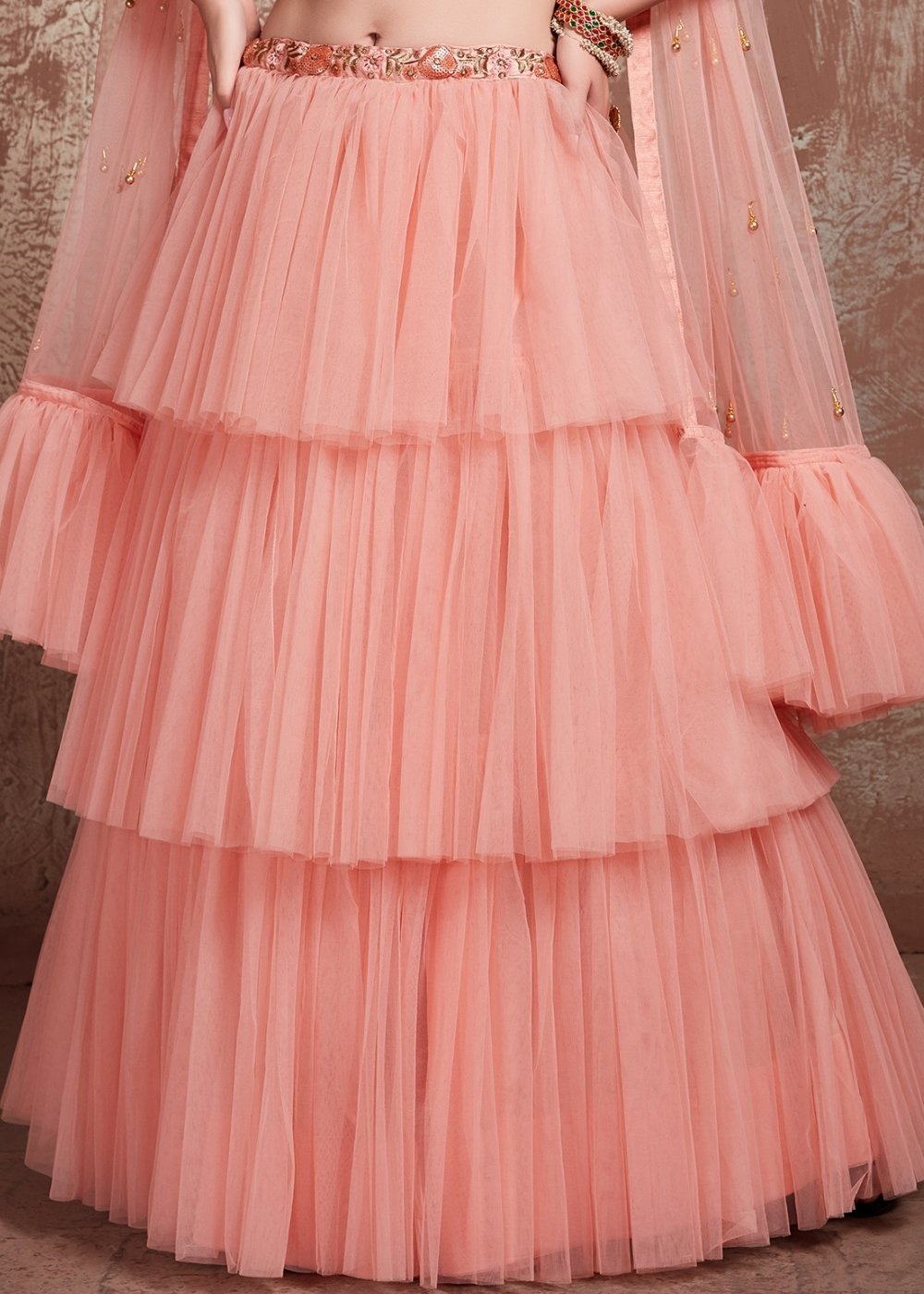 Rose Pink Designer Soft Net Lehenga with Sequins, Zari & Pearl work