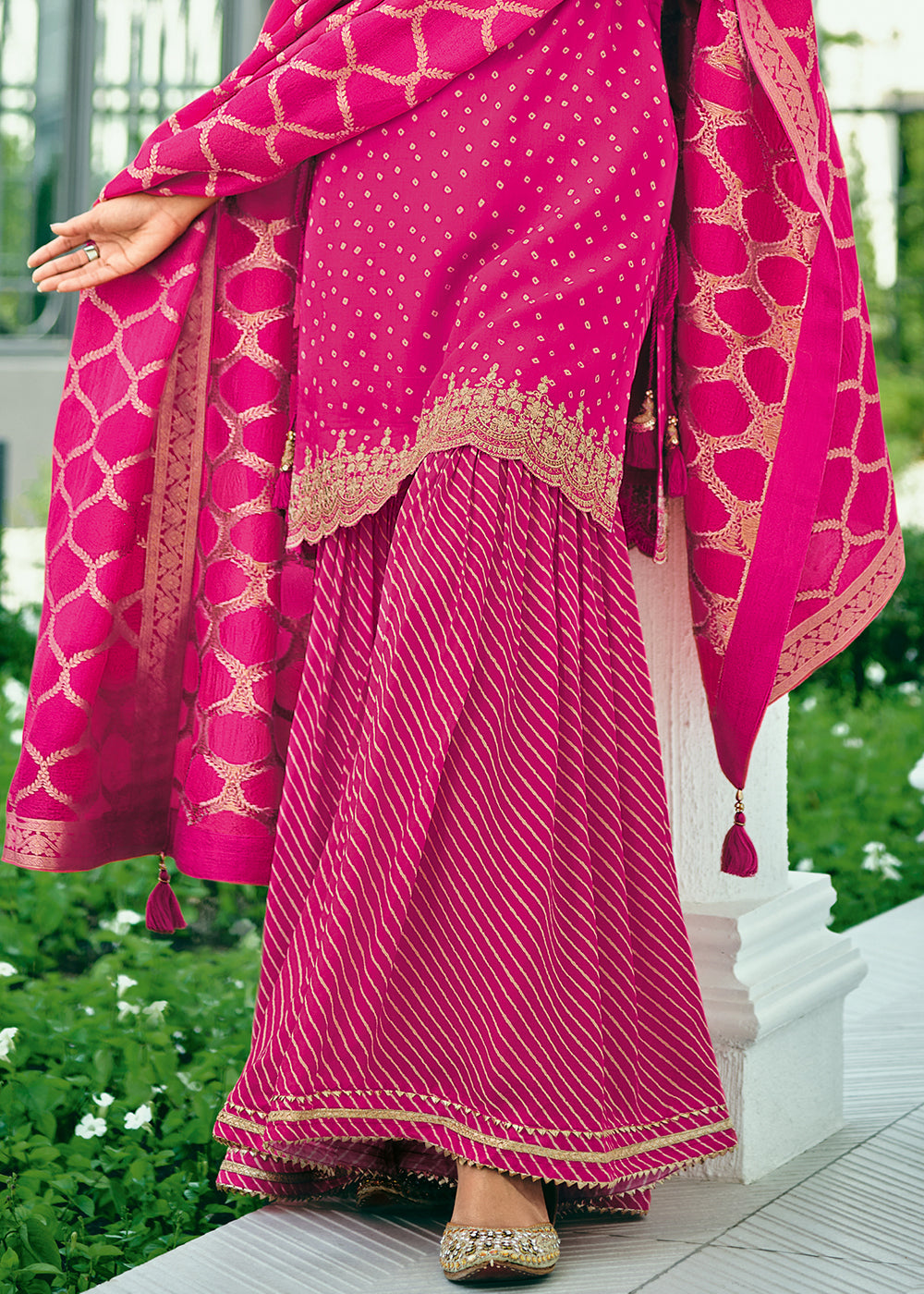 Hot Pink Bandhani Printed Viscose Muslin Salwar Suit with Embroidery work