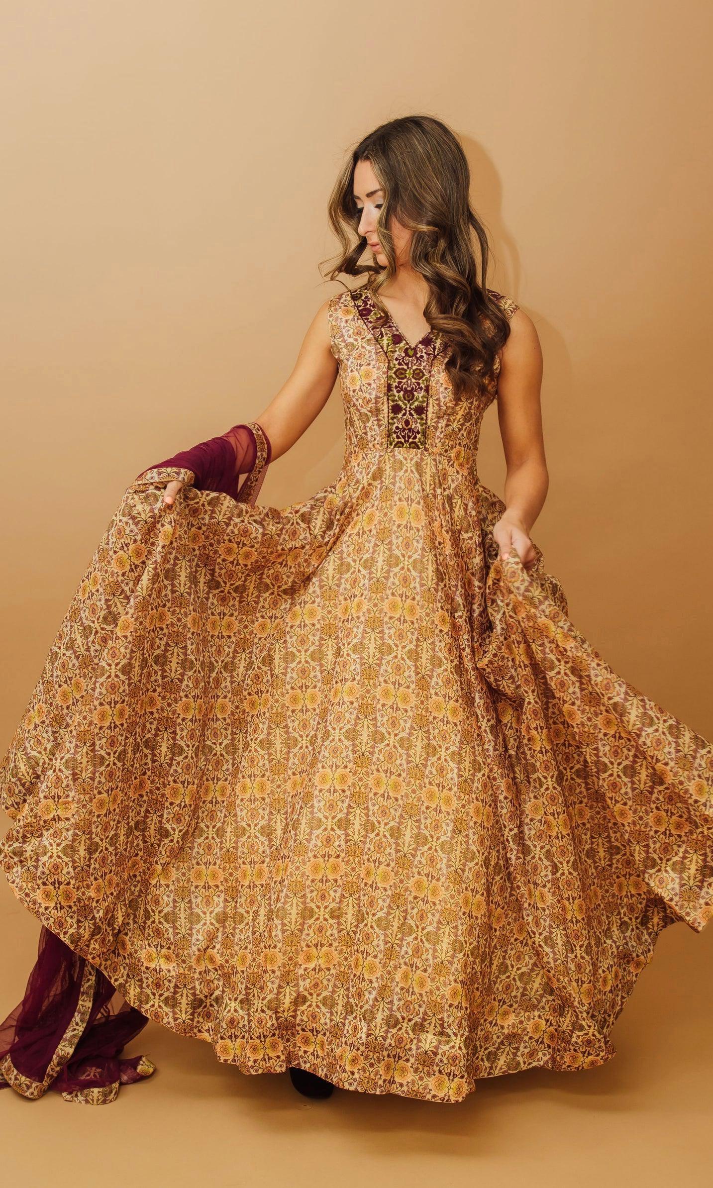 Ophir Biege Gown with Sequins Embroidery