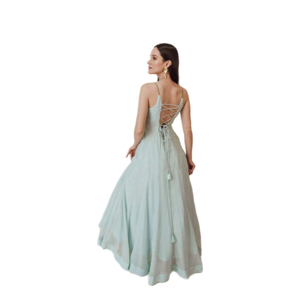 Niki Sky Blue Shimmer Gown with Drape