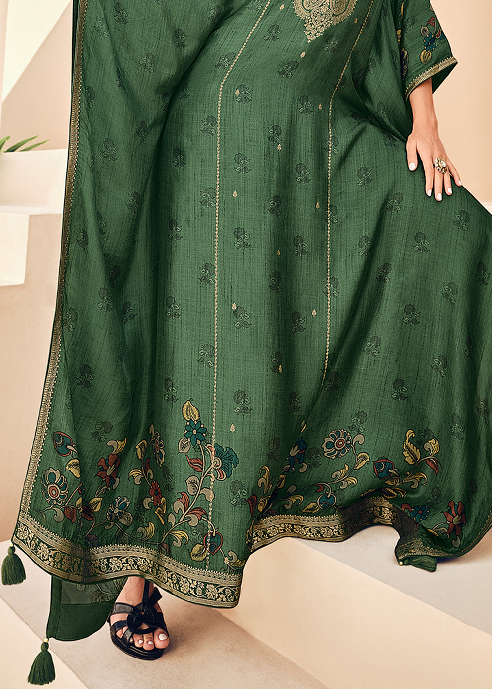 Basil Green Digitally Floral Printed Viscose Kaftan Set