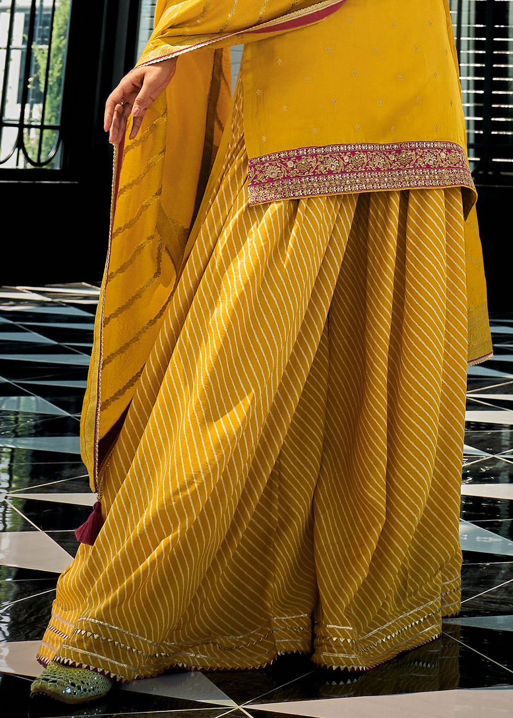 Canary Yellow Satin Silk Salwar Suit with Embroidery Work