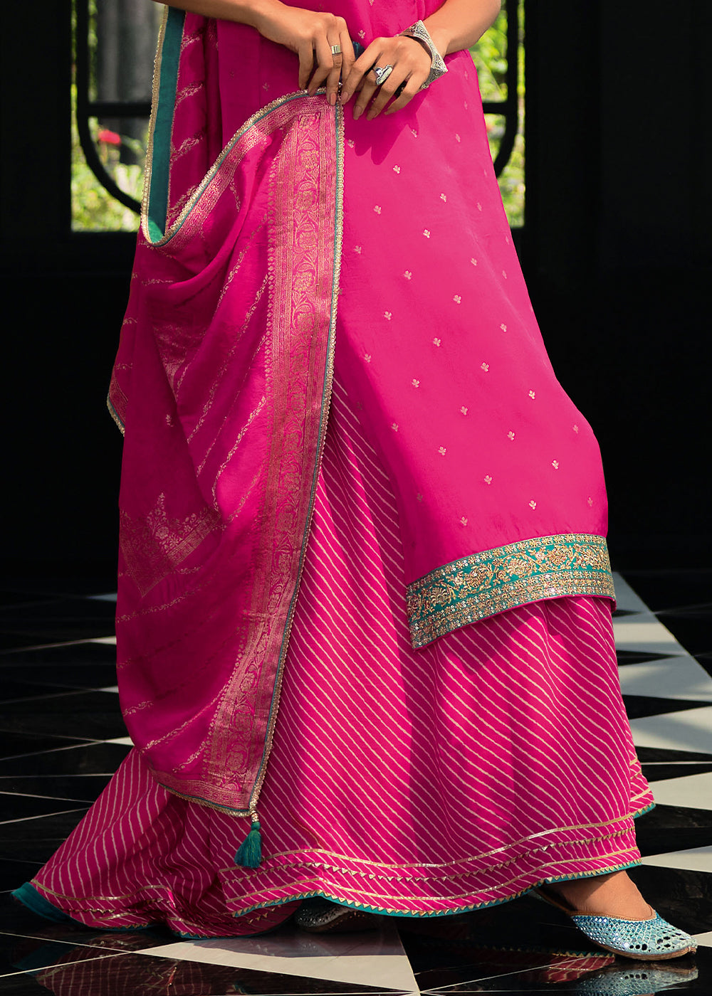 Bright Pink Satin Silk Salwar Suit with Embroidery Work