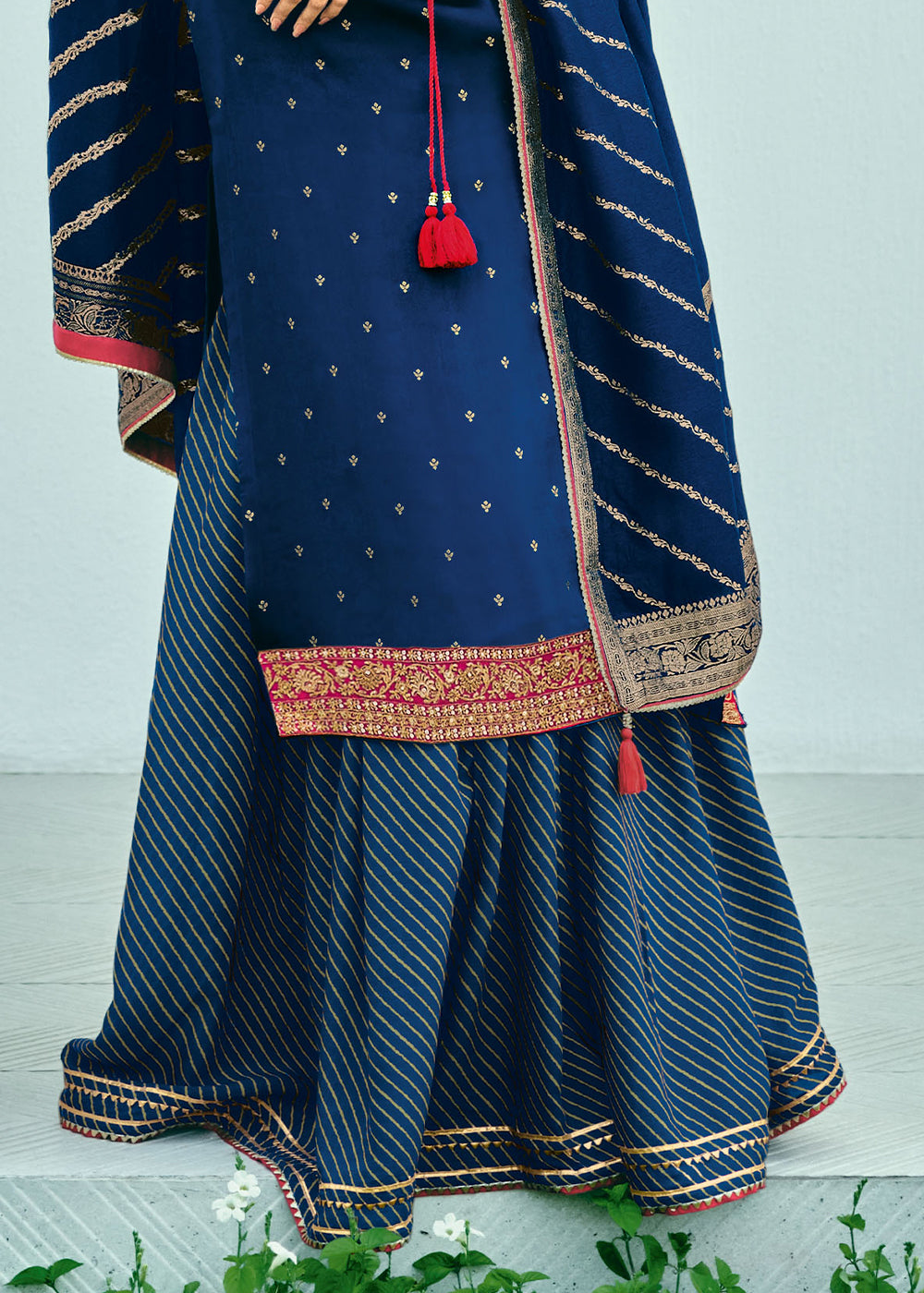 Navy Blue Satin Silk Salwar Suit with Embroidery Work