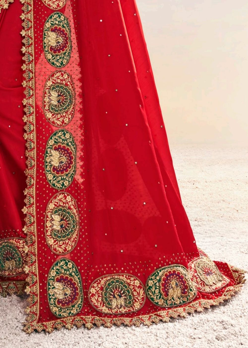 Carmine Red Satin Saree with Jari, Moti, Cut-Dana and Crystal work: Top Pick