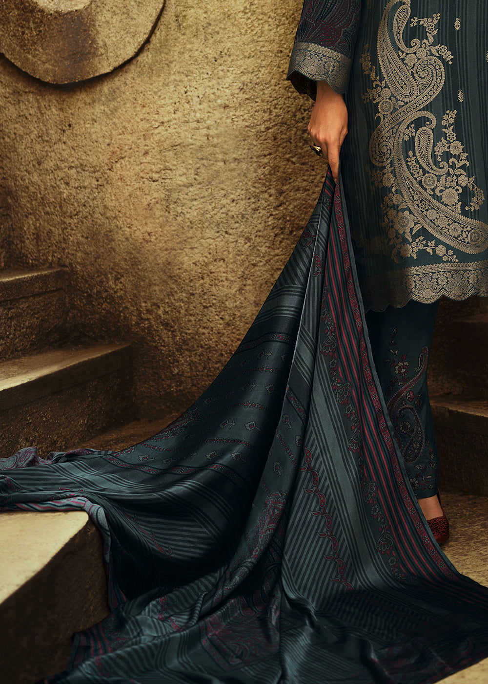 Dark Templeton Grey Digitally Printed Silk Salwar Suit with Embroidery Work