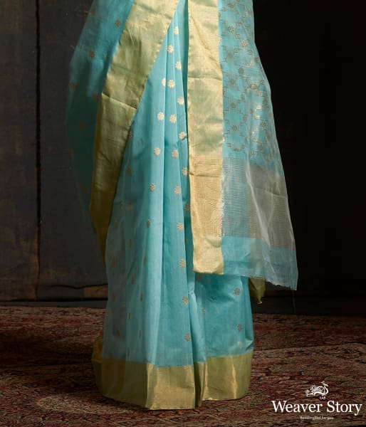 Light Blue cotton silk chanderi saree with gold zari weave