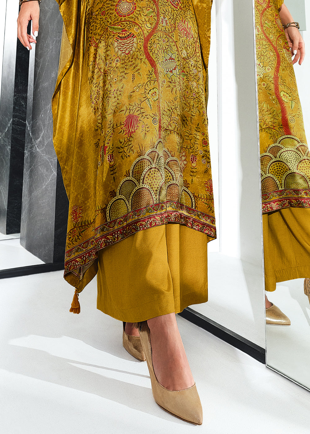 Canary Yellow Digitally Printed Gaji Silk Kaftan Set
