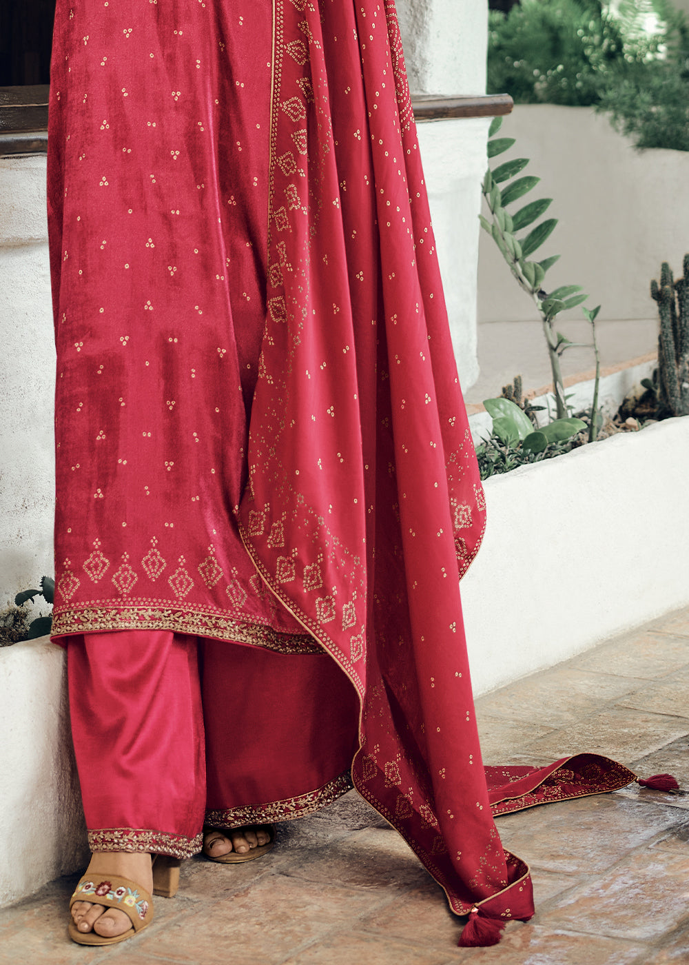 Neon Fuschia Pink Bandhani Printed Velvet Salwar Suit With Embroidery Work