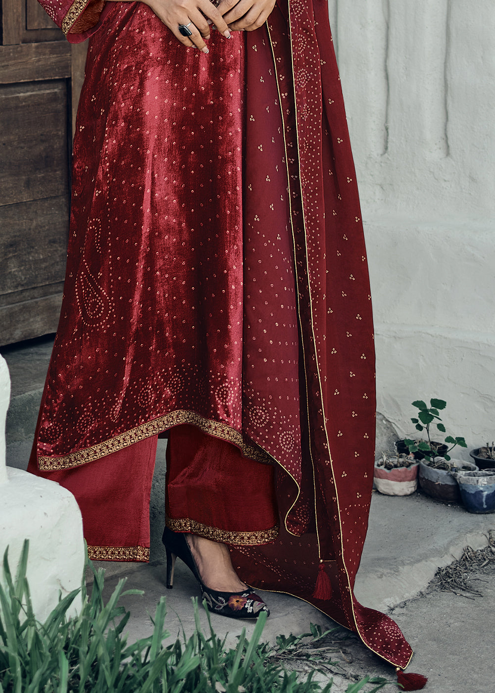 Dark Red Bandhani Printed Velvet Salwar Suit With Embroidery Work