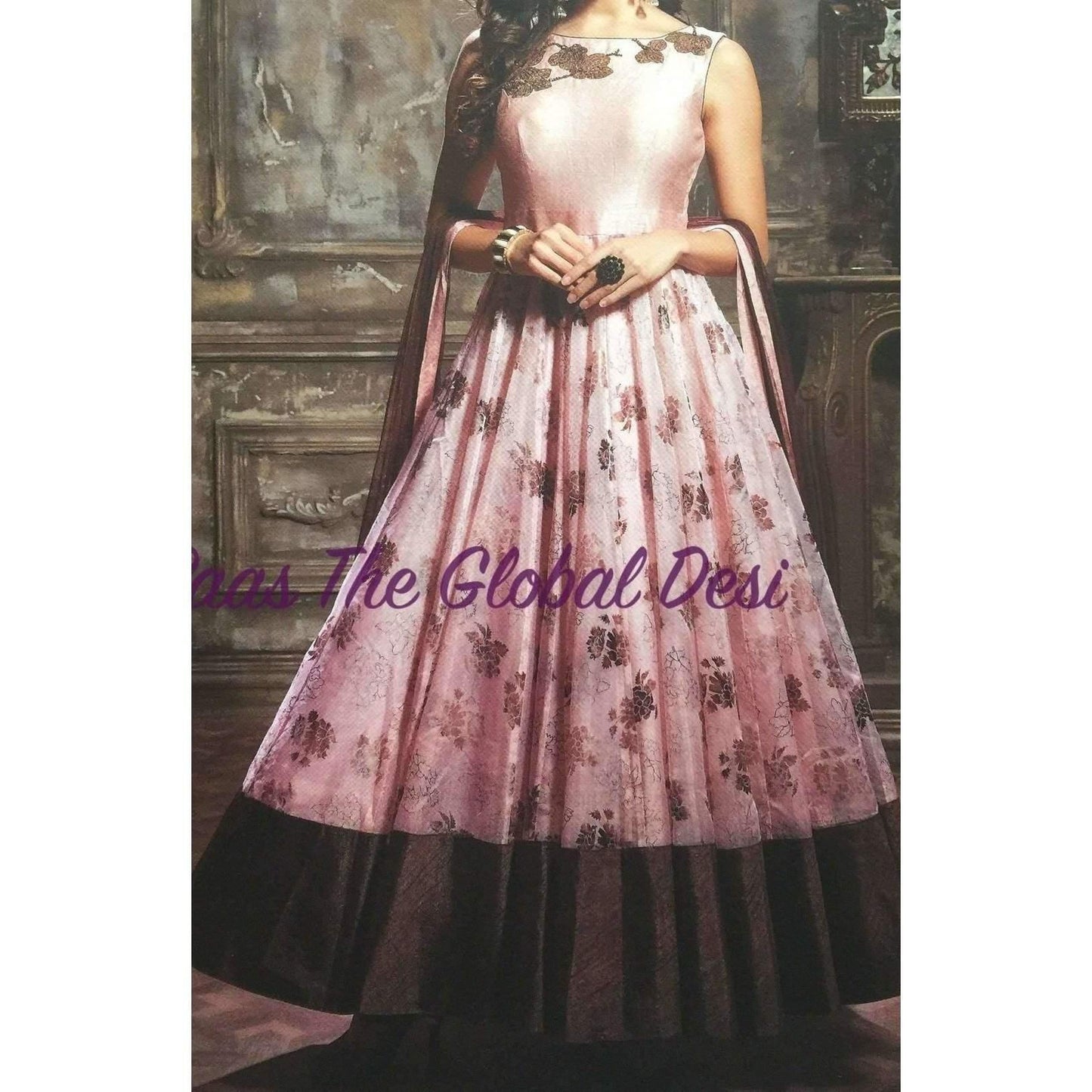 Pink Floral Embroidered Gown with Drape