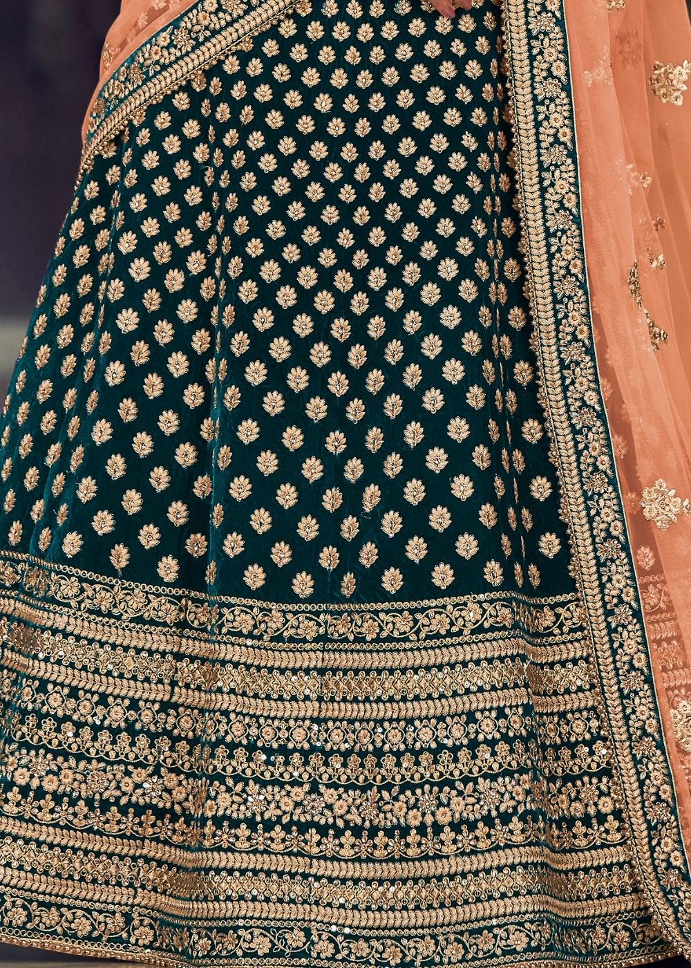 Dark Green Embroidered Designer Velvet Lehenga Choli