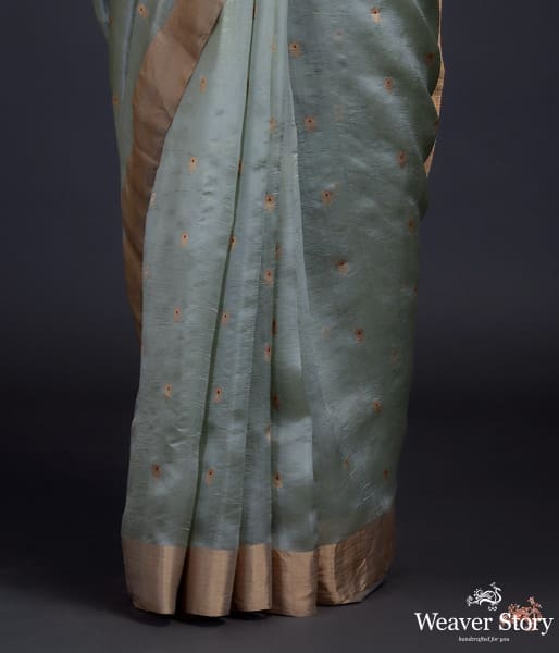 Sage green chanderi silk saree with small floral motifs