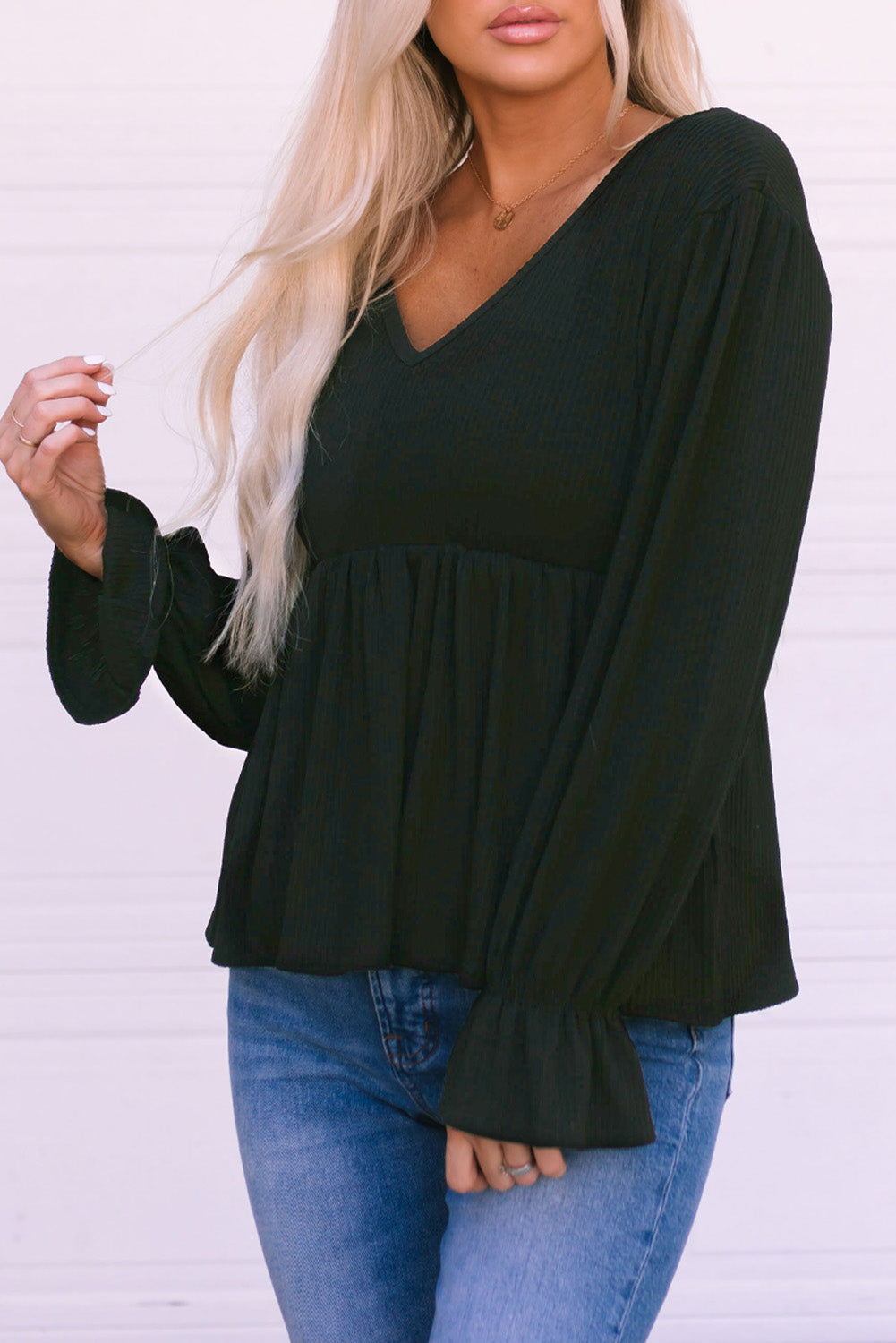 V-Neck Flounce Sleeve Babydoll Top