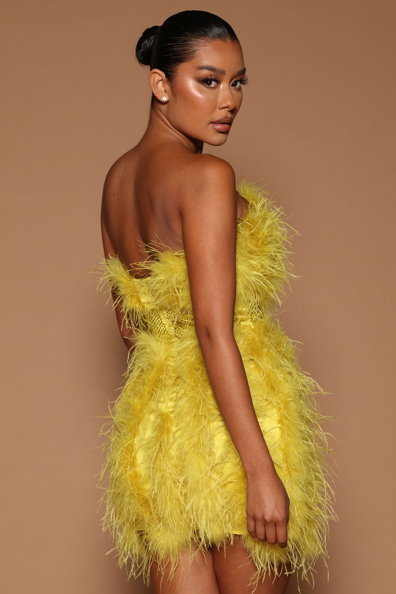 Lorina Feather Mini Dress - Chartreuse