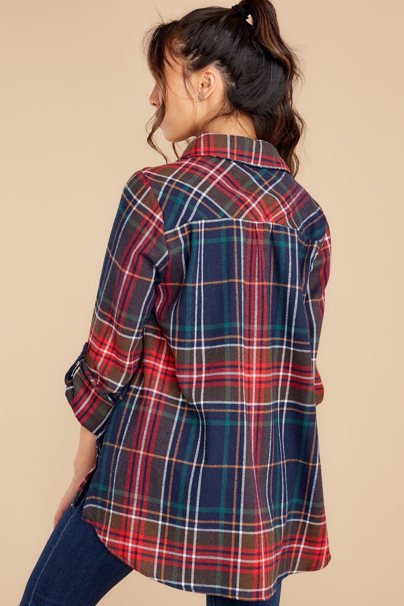 Just Like Home Navy Multi Plaid Top