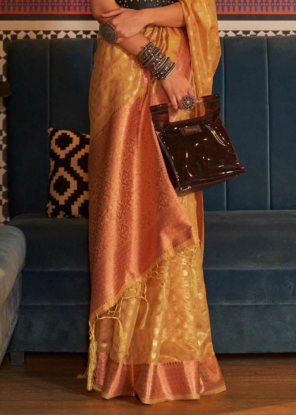 Honey Mustard Zari Woven Tissue Silk Saree