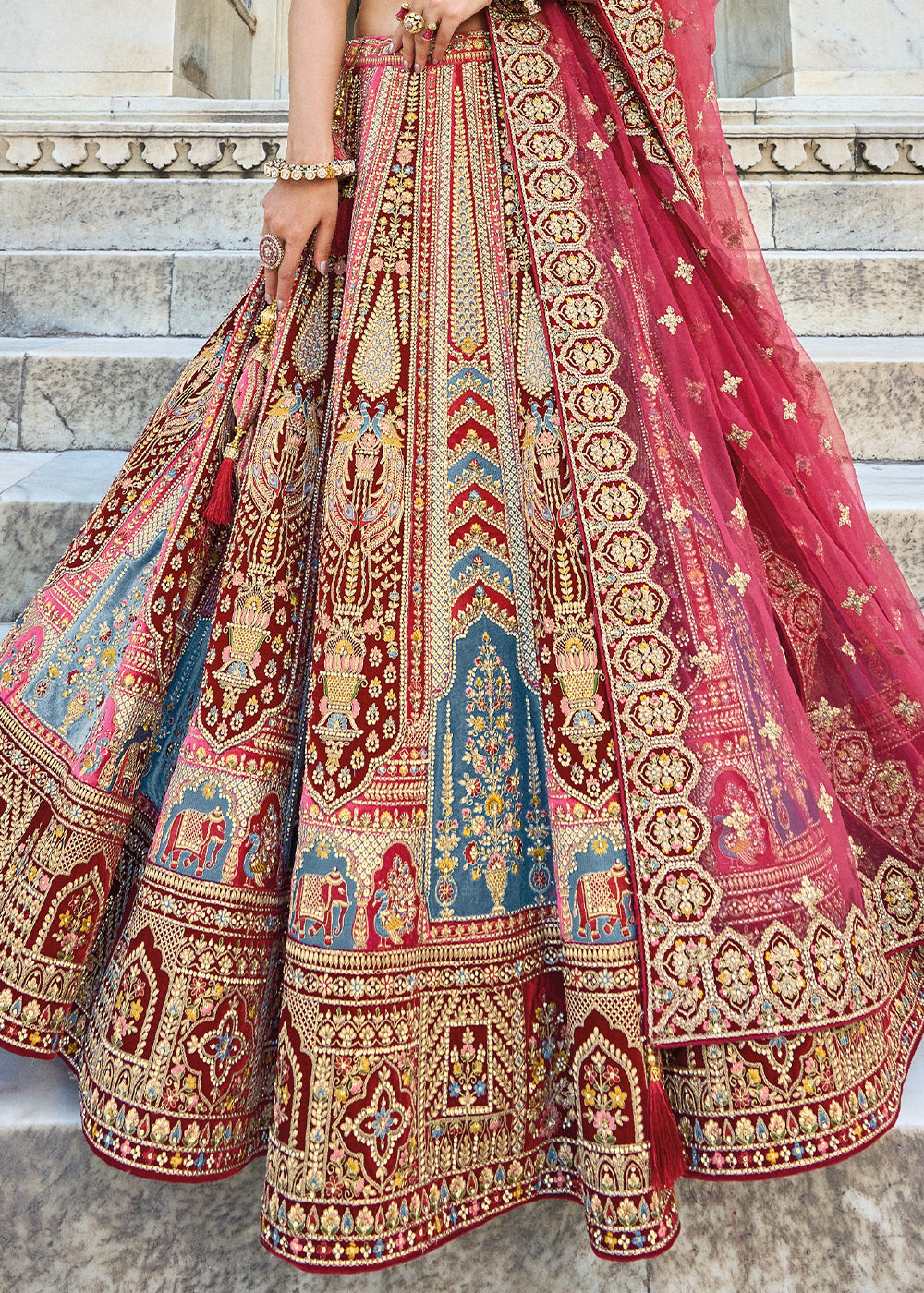 Maroon Red Velvet Lehenga Choli with Heavy Embroidery Work