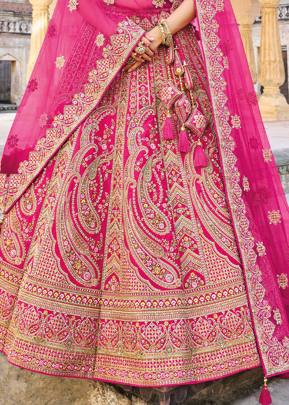Hot Pink Banarasi Silk Lehenga Choli with Heavy Embroidery Work