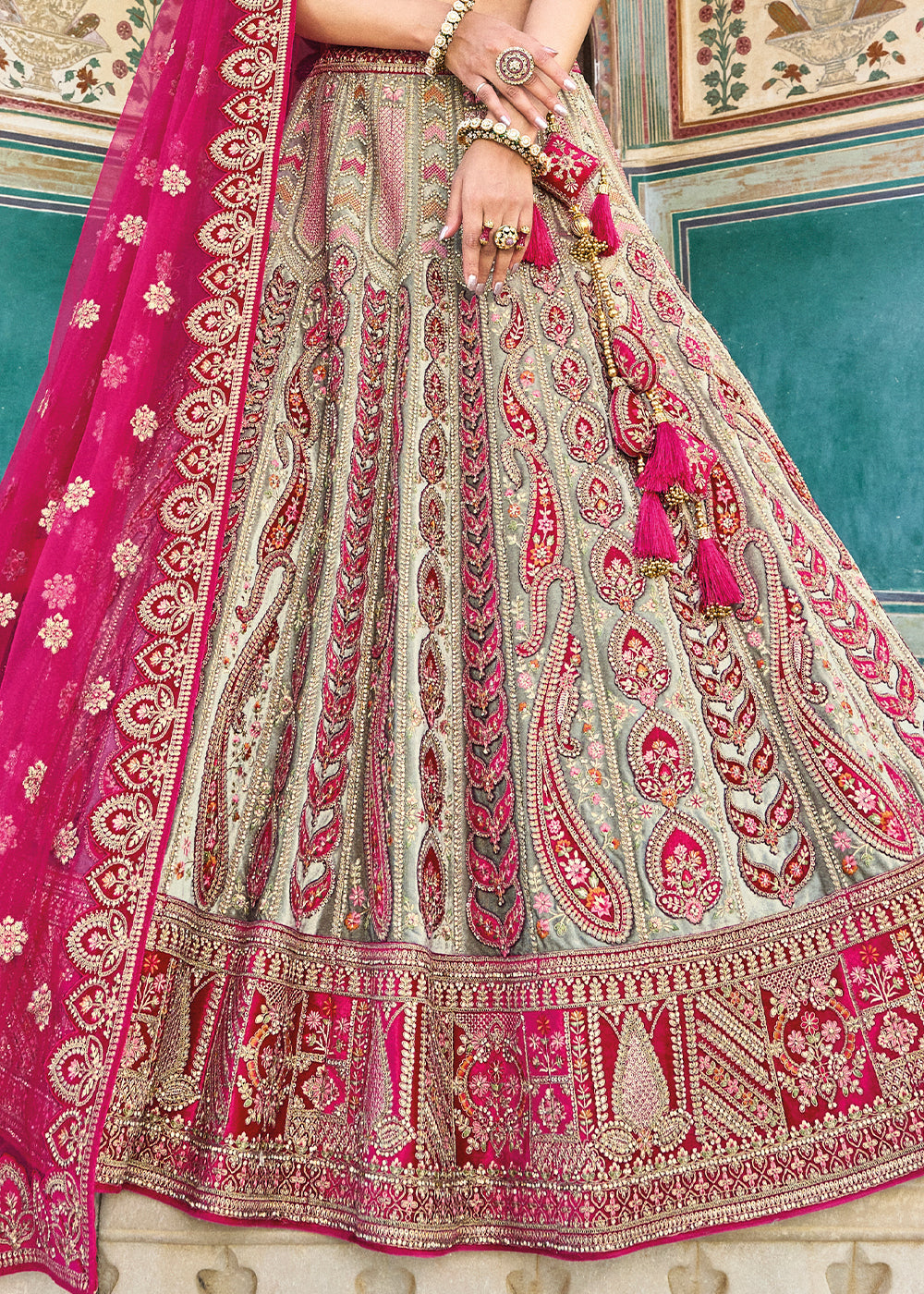Grey & Pink Velvet Lehenga Choli with Heavy Embroidery Work