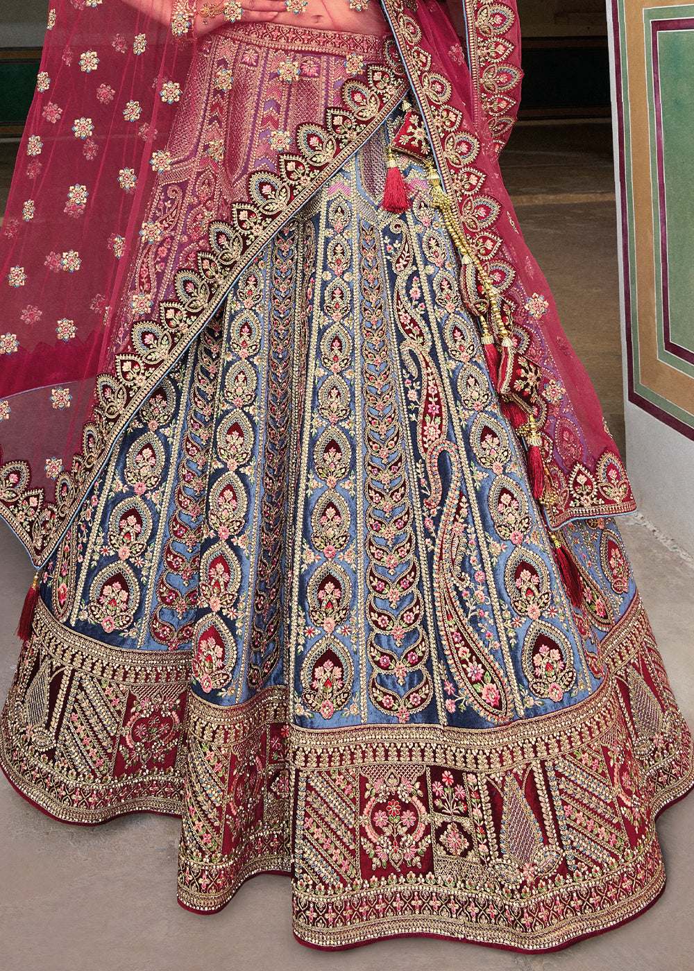 Blue & Red Velvet Lehenga Choli with Heavy Embroidery Work
