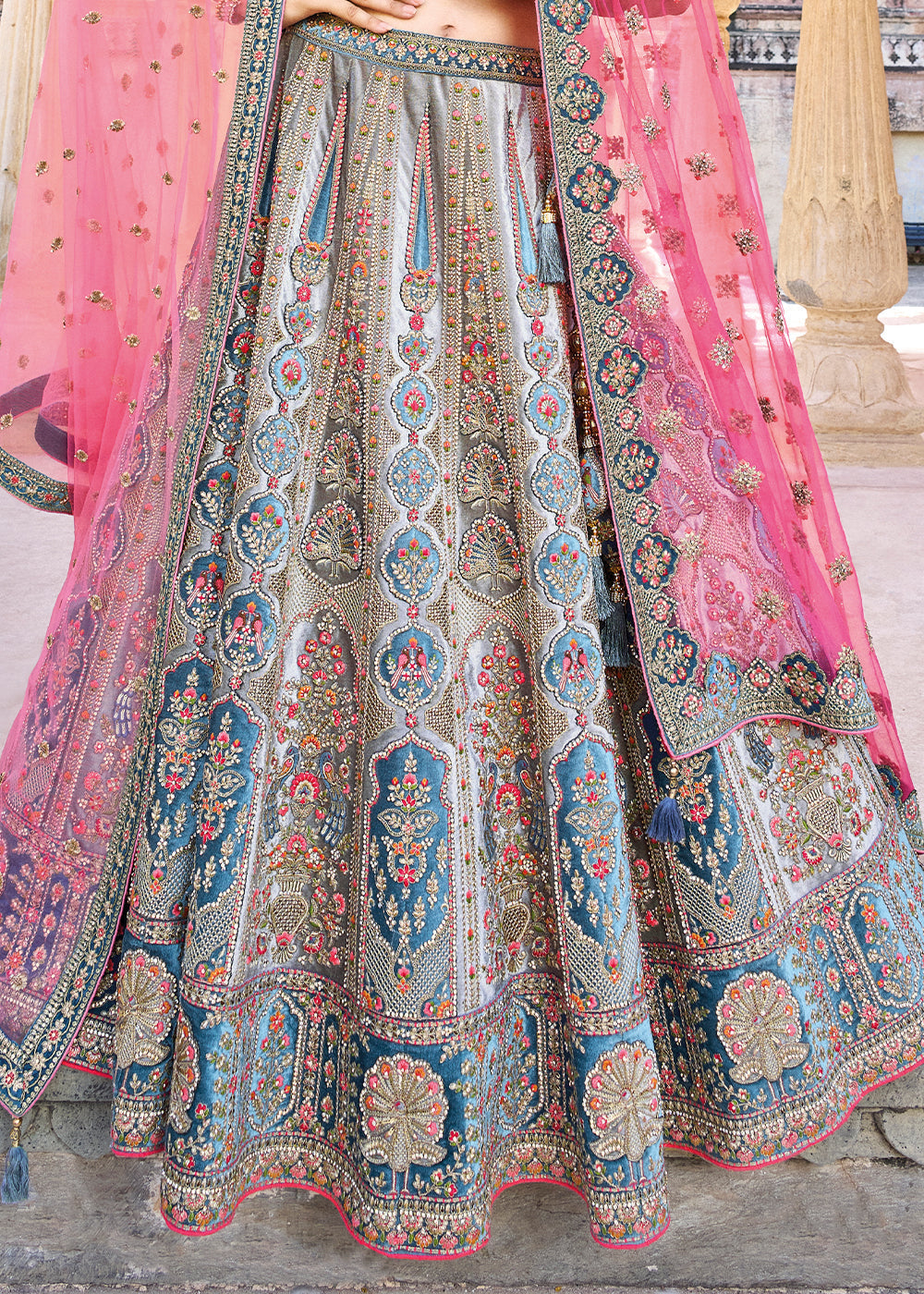 Blue & Grey Velvet Lehenga Choli with Heavy Embroidery Work