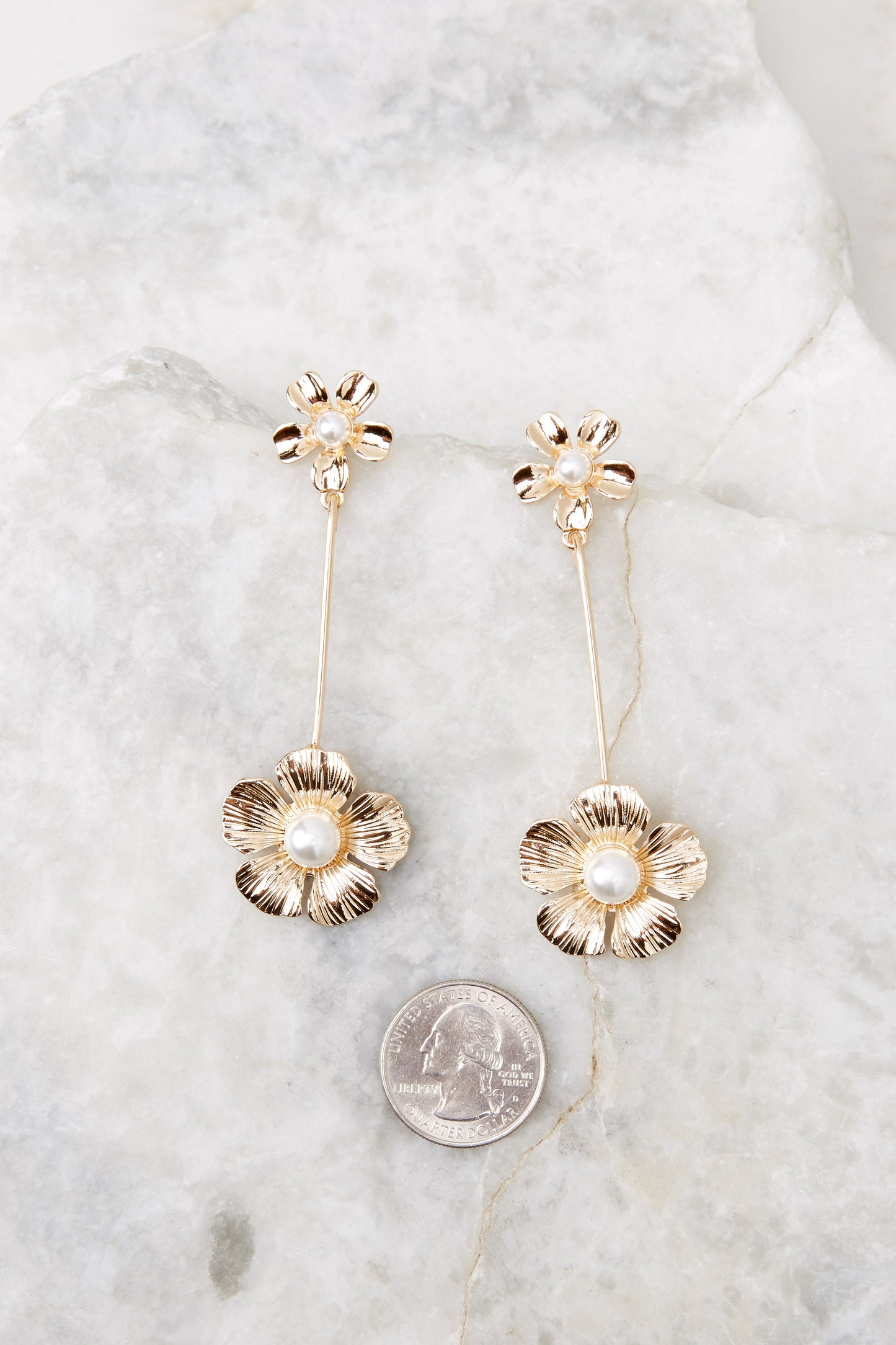 Floral Drop Gold Pearl Earrings
