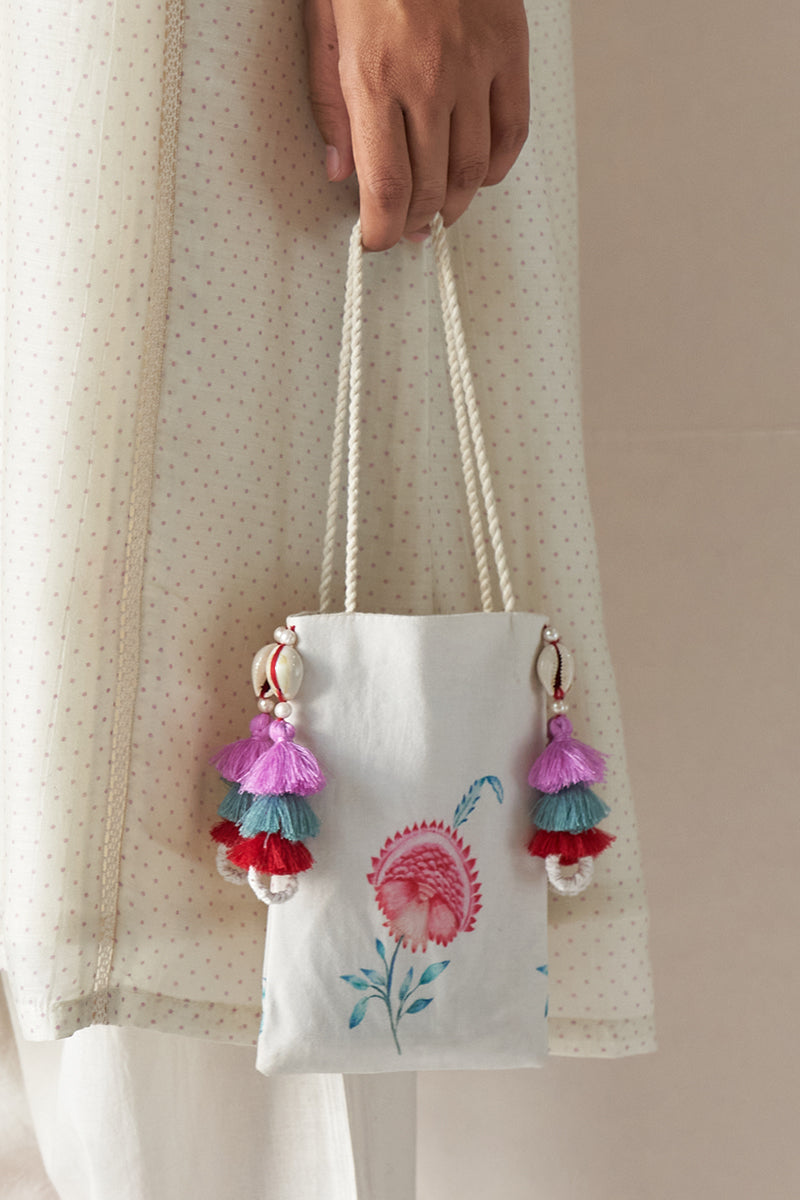 Small Fabric Pouch / Mobile Bag With Beautiful Tassel Detailing