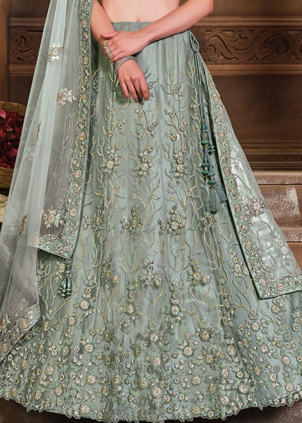 Pewter Grey Satin Silk & Net Lehenga Choli with Sequins, Resham & Swarvoski work: Top Pick