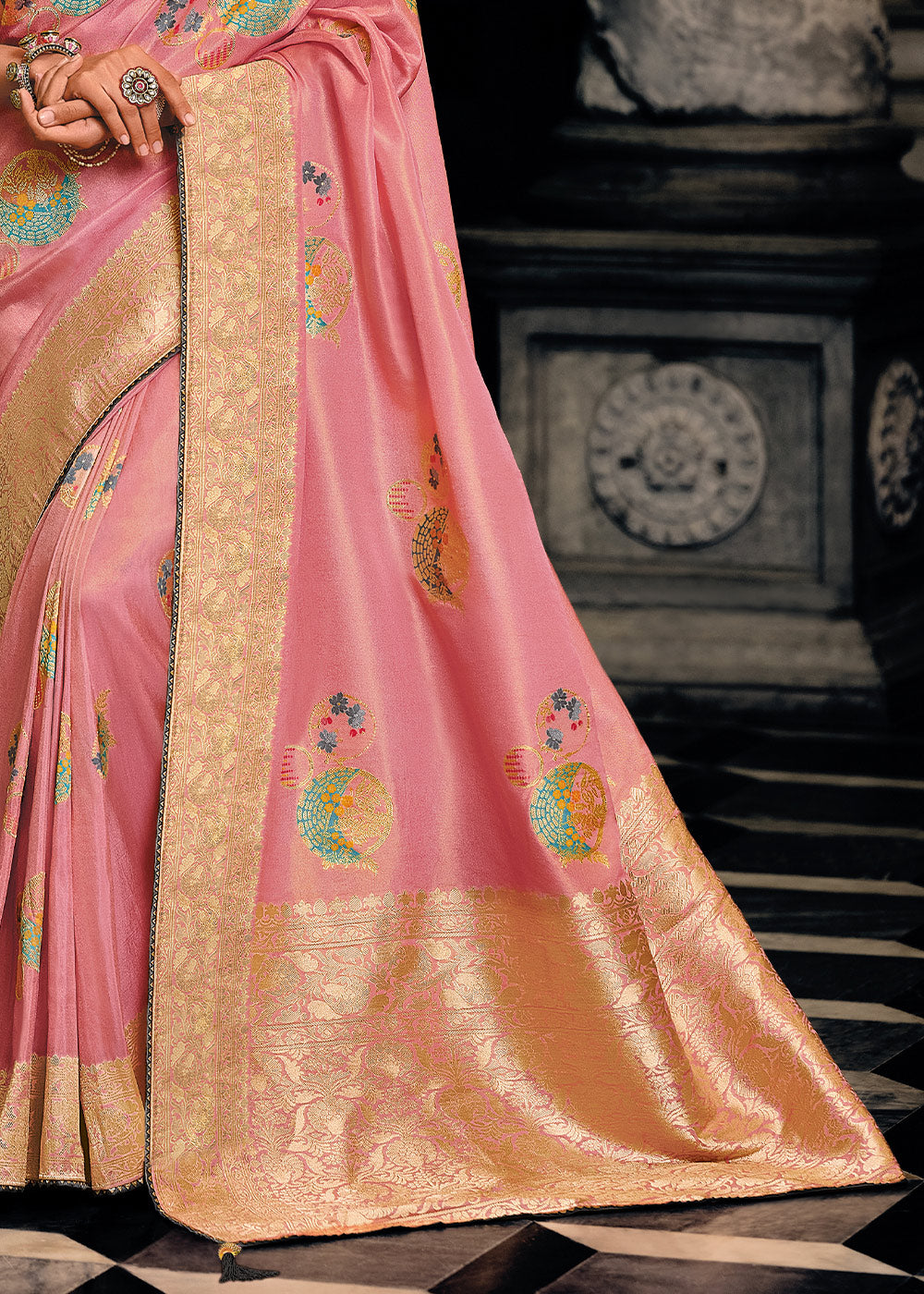 Watermelon Pink Designer Zari Woven Tissue Silk Saree