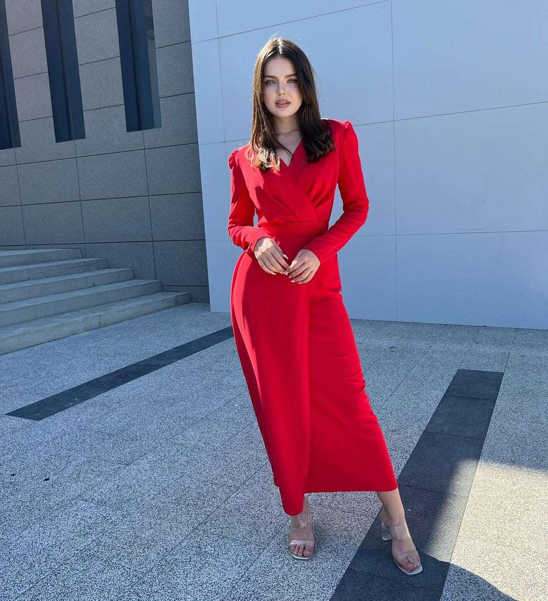 Portia Apple Red Mulberry Silk Overlap Midi Dress