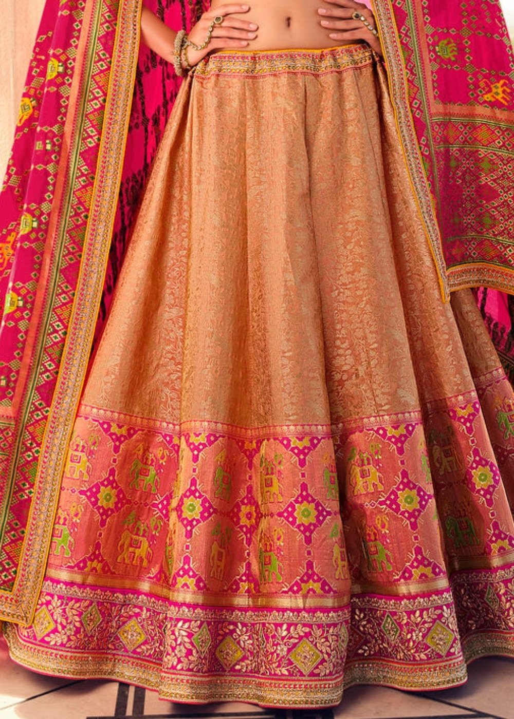Salmon Pink & Magenta Banarasi Silk Lehenga Choli with Heavy Embroidery work