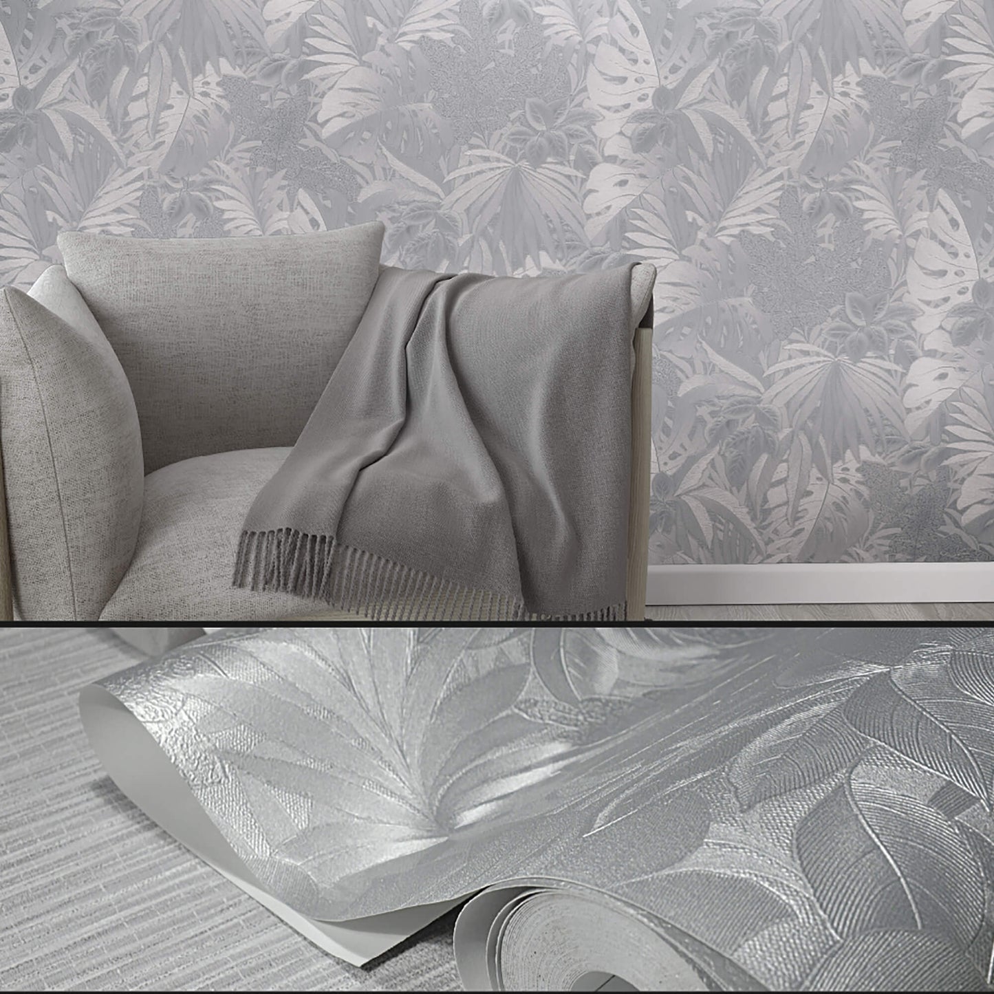 Metallic Jungle Leaves Silver Wallpaper from Eden Collection by Galerie Wallcoverings