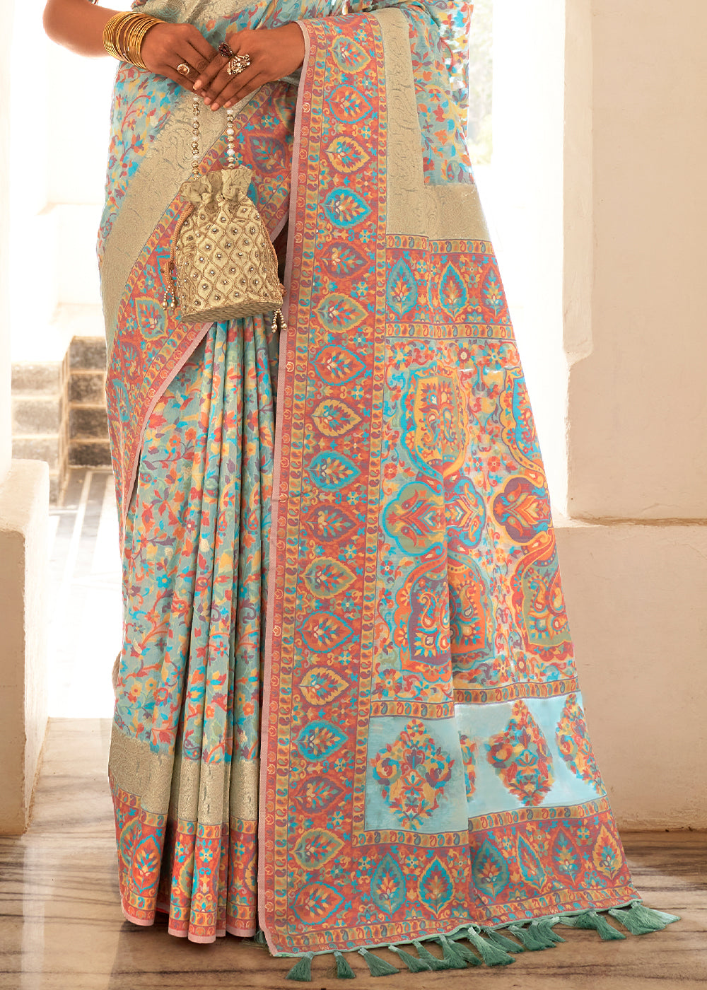 Powder Blue Banarasi Jamawar Kashmiri Woven Silk Saree