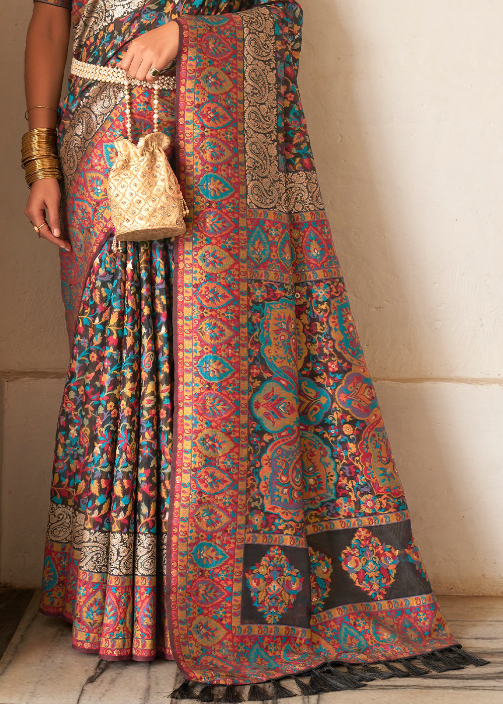 Midnight Black Banarasi Jamawar Kashmiri Woven Silk Saree