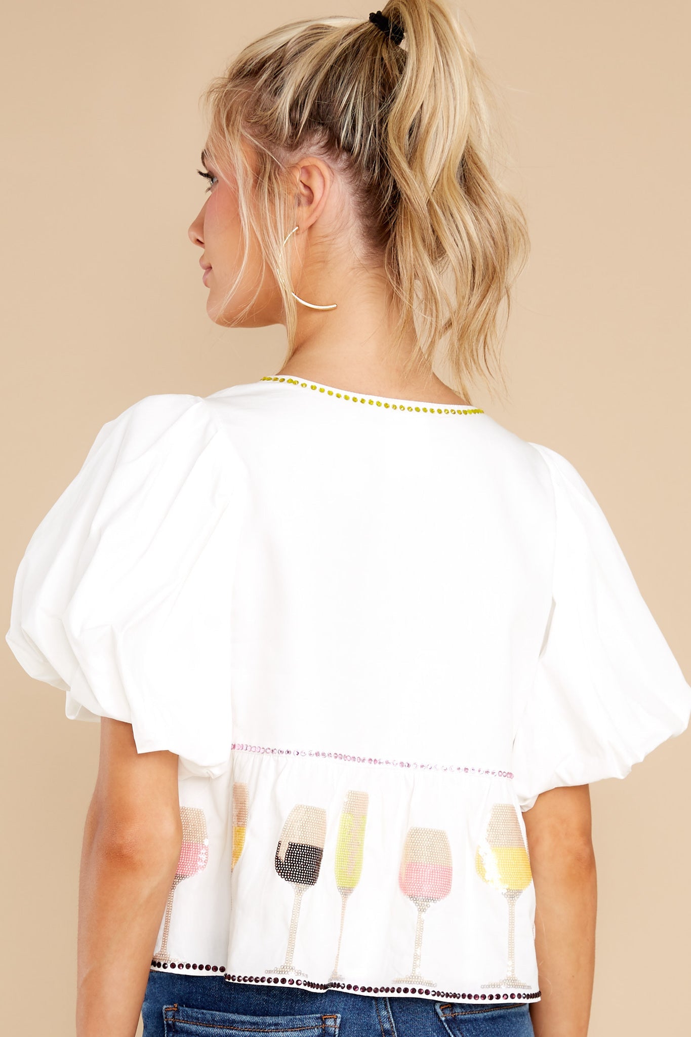 Glitter Glasses Wine White Blouse