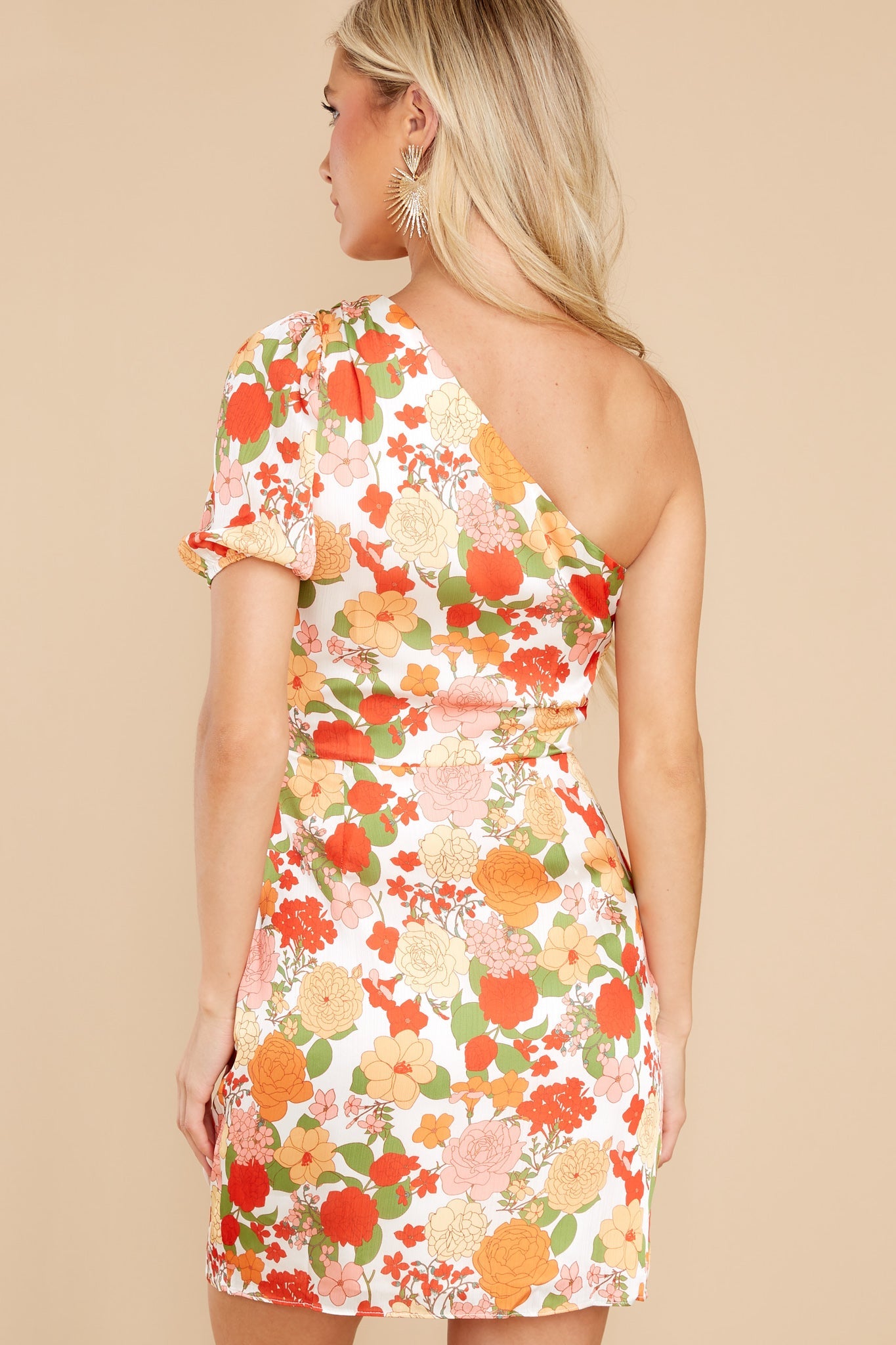 Moraea Red And Orange Peony Print Satin One Shoulder Dress