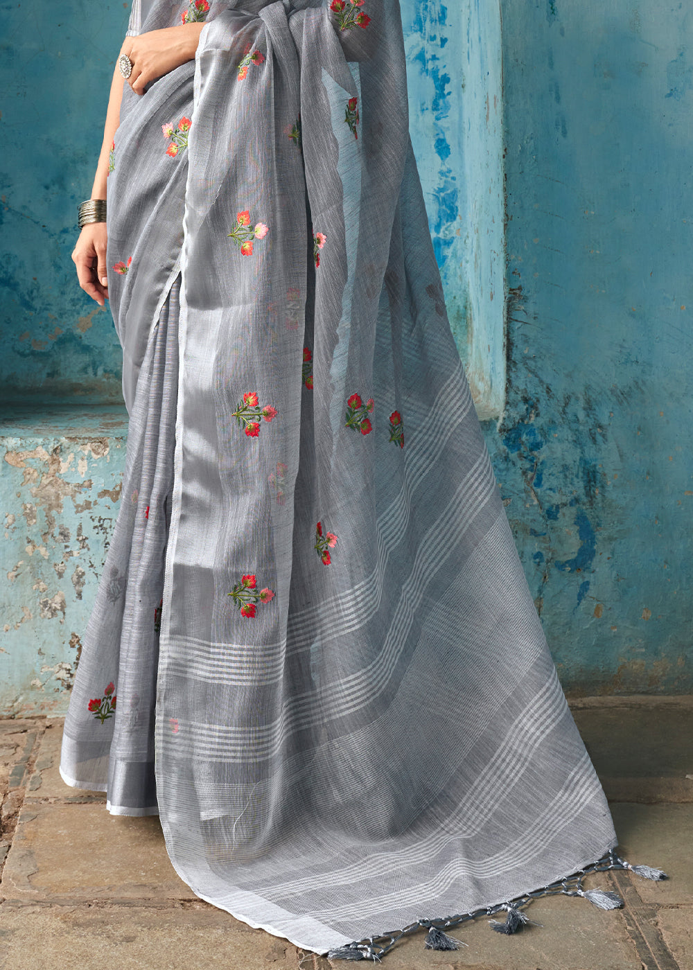 lava Grey Floral Embroidered Linen Saree