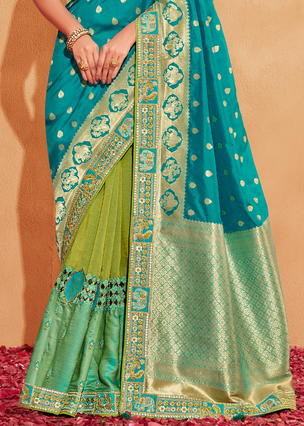 Green & Blue Half N Half Heavy Embroidered Banarasi Silk Saree